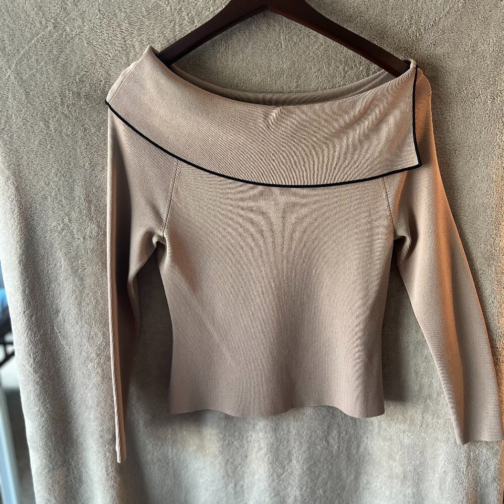 Cyrus Off Shoulder Neck Sweater in Tan with Black Accent Trim